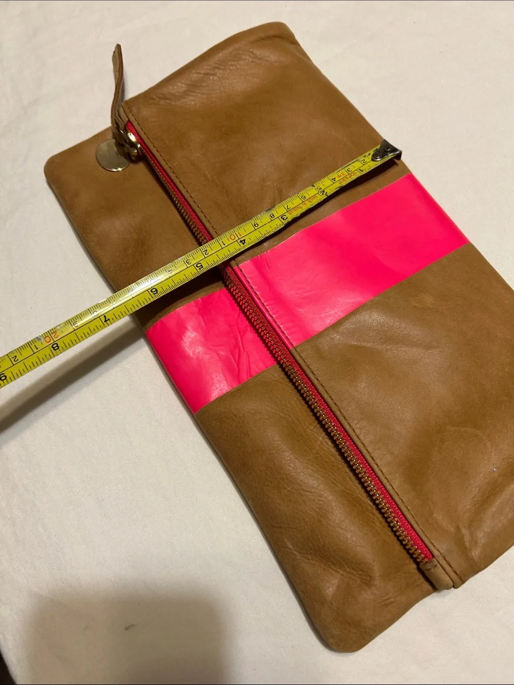 Clare V Brown Leather Fold-Over Clutch with Hot Pink Stripe